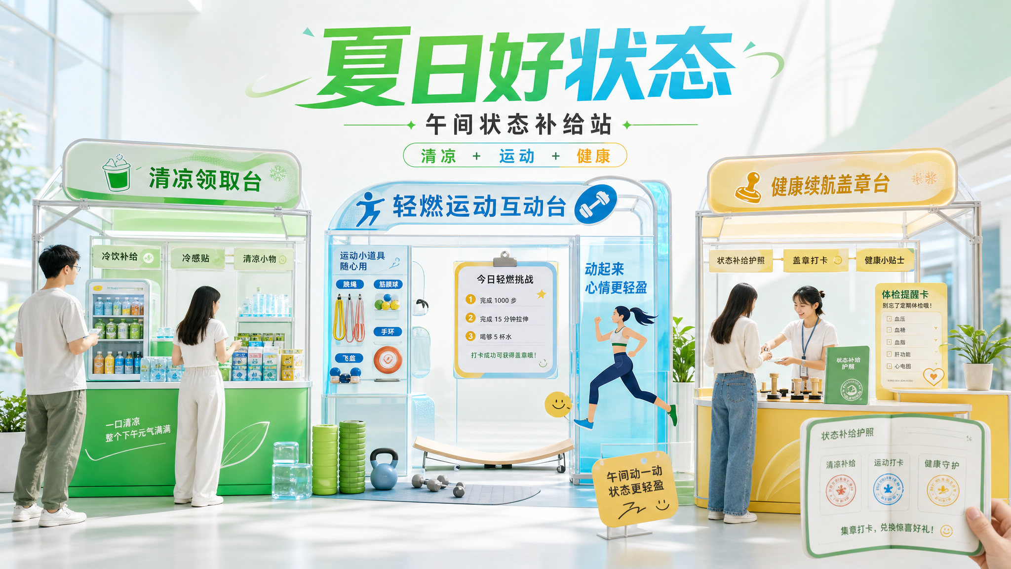 夏日好状态午间状态补给站主视觉，包含清凉领取台，轻燃运动互动台，健康续航盖章台